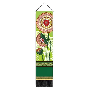 Vertical green mandala wall hanging with colorful floral patterns and black bottom tassels