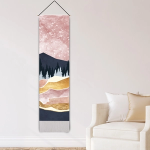 Modern abstract landscape tapestry featuring pink starry sky and blue forest with tassels