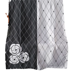 Elegant vintage silk-like scarf with black and white floral print and camellia design
