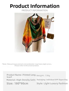 Detailed chart for bohemian print silk scarf showing 180x90cm dimensions and luxury fabric