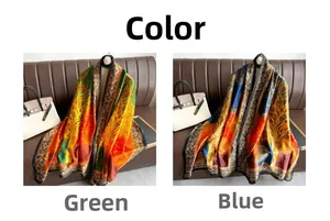 Detail of silk-like printed scarves in green and blue floral tree patterns