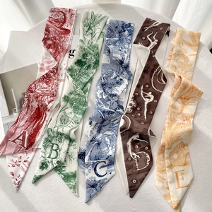 Women Elegant Narrow Skinny Scarf Letter Print Toile De Jouy Pattern Satin Neck Tie For Bag Handle Hair Accessory