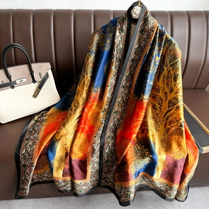 Elegant floral faux silk scarf 180x90cm with royal blue and orange scroll patterns