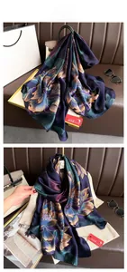 Detail of silk-feel scarf featuring lotus print in dark blue, purple and teal