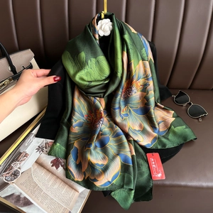 Large Satin Scarf Long Shawl For Women Chinese Style Lotus Print Retro Elegant Lightweight Soft Faux Satin Wrap