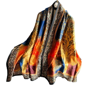 Elegant silk-like scarf with tree print and golden floral borders for women