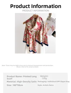 Detail view showing a 180x90cm vintage floral print scarf with silk-like satin finish