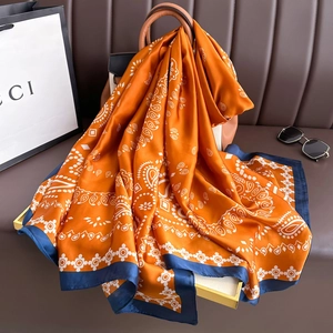 Orange and navy blue paisley print silk-like satin scarf for women 180cm wrap shawl