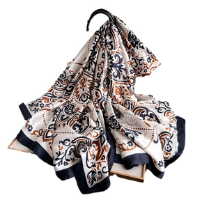 Vintage paisley print faux silk long scarf in navy and orange satin fabric shawl