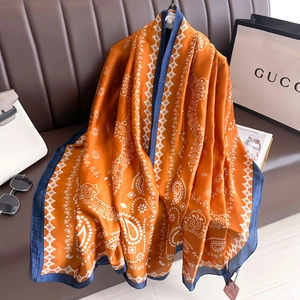 Women Retro Paisley Print Satin Scarf Long Satin Like Shawl Bohemian Sunscreen Wrap Fashion Orange Navy Blue