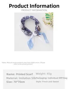 Detail showing product specifications for silk-like butterfly print square scarf 70cm