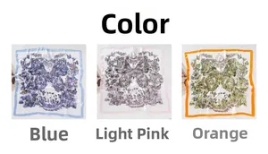 Three square silk-like scarves featuring floral butterfly prints in blue, pink, and orange
