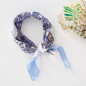 Women Elegant Square Scarf Imitation Satin Butterfly Floral Print Decorative Neck Tie Headband Hair Accessory Fashion Wrap