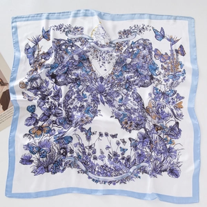 Elegant 70cm silk-like square scarf featuring a large purple butterfly floral print