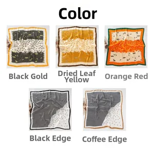 Three elegant 70cm faux silk scarves featuring floral prints in gold, yellow, and orange-red