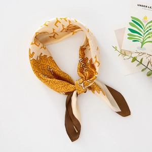 70cm geometric print silk scarf with yellow and brown patchwork on white background