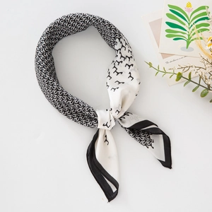 Elegant 70cm silk-feel square scarf with black and white geometric bird print pattern