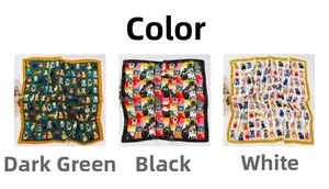 Three color variants of silk-like square scarves featuring colorful cartoon cat patterns