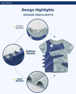 Dettagli della t-shirt in cotone con punte di dinosauro 3D e cuciture sul girocollo