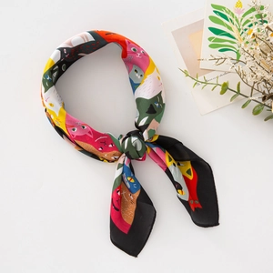 Cartoon Cat Print Square Scarf Faux Satin Neckerchief For Women Fashion Hair Band Wrap Bag Accessory Cute Satin Soft Handkerchief