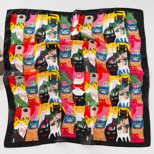 Cartoon cat print silk-like satin square scarf with colorful kitten pattern design