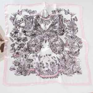 Floral butterfly print square silk scarf with elegant pink borders and white backdrop