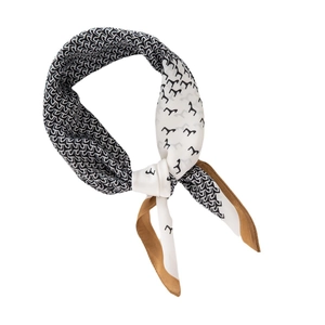 Elegant 70cm silk-feel square scarf with geometric print and bird pattern in black and white