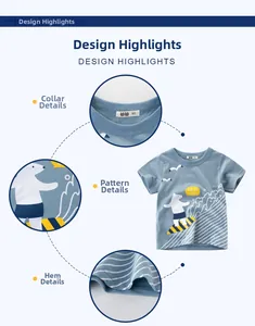 Détails du col, imprimé ours polaire surf et couture d'ourlet sur t-shirt bleu enfant