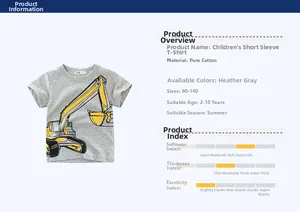 Detail view of heather gray cotton boys t-shirt with excavator print and size charts