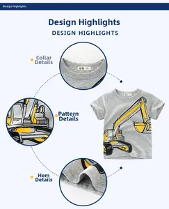Detail of gray cotton kids T-shirt showing excavator print and durable neckline stitching