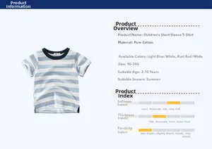 Detailed size chart for blue and white striped cotton boys' T-shirt for ages 2-10