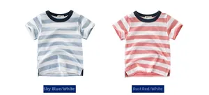 Detail of boys' striped cotton t-shirts with side slits and ribbed crew necks