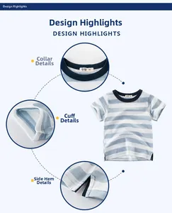 Detail view of boys blue striped t-shirt showing crew neck, sleeves and split hem