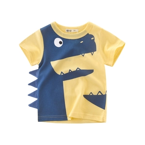 T-shirt per bambini in cotone giallo con stampa dinosauro blu 3D su fondo bianco