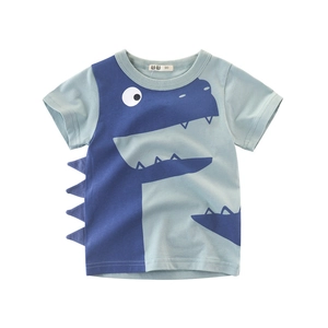 T-shirt azzurra per bambini con stampa di dinosauro e punte 3D in morbido cotone