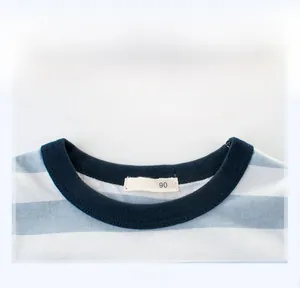 Detail view of cotton t-shirt neckline with blue and white stripes and ribbed collar
