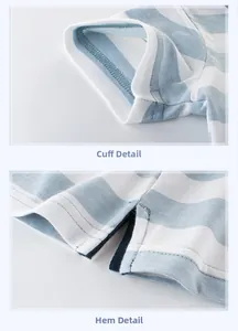 Detail view of stitched cuff and side vent on blue striped cotton polo t-shirt for boys