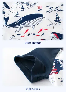 Detail of cotton kids t-shirt with whale print and navy contrast sleeve stitching