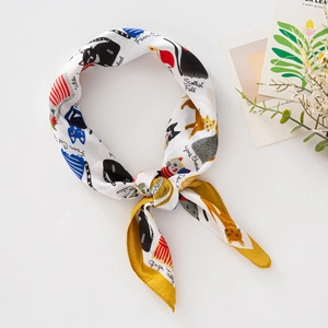 Cartoon cat print silk-like square scarf in ginger yellow and white for women