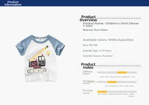 Detail of blue and white cotton t-shirt with cartoon crane and excavator print