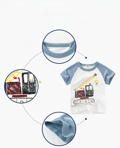 Detail of kids short sleeve T-shirt featuring cartoon crane print and blue raglan sleeves
