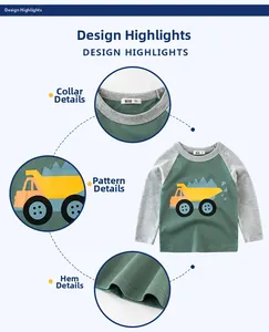 Détails du t-shirt raglan en coton pour enfant avec imprimé camion jaune et étiquette de taille