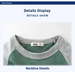 Détail du col contrasté vert et gris sur un t-shirt pour enfants à manches raglan
