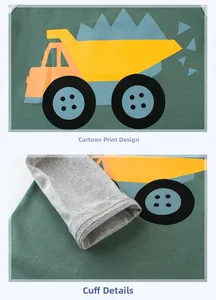 Détail de l'imprimé camion et du poignet gris sur le t-shirt vert pour enfants