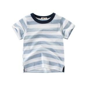 Kids Boys Short Sleeve T-Shirt Cotton Horizontal Striped Crew Neck Korean Style Summer Casual Breathable Soft Tops