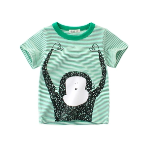 Boys Girls Short Sleeve Cotton T-Shirt Green White Striped Cartoon Monkey Pattern Casual Summer Top Kids Round Neck Breathable Clothing