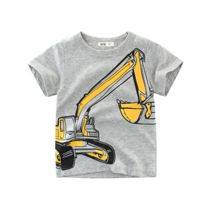 Boys Cotton Short Sleeve T Shirt Cartoon Excavator Print Gray Round Neck Casual Summer Kids Top Breathable Apparel