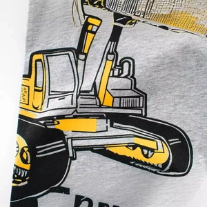 Gray cotton boys t-shirt featuring a detailed yellow excavator and construction graphic