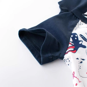 Kids cotton short sleeve T-shirt with navy cuffs and colorful sea animal patterns