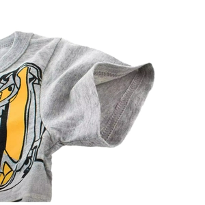 Sleeve detail of boys grey cotton T-shirt featuring yellow and black graphic prints